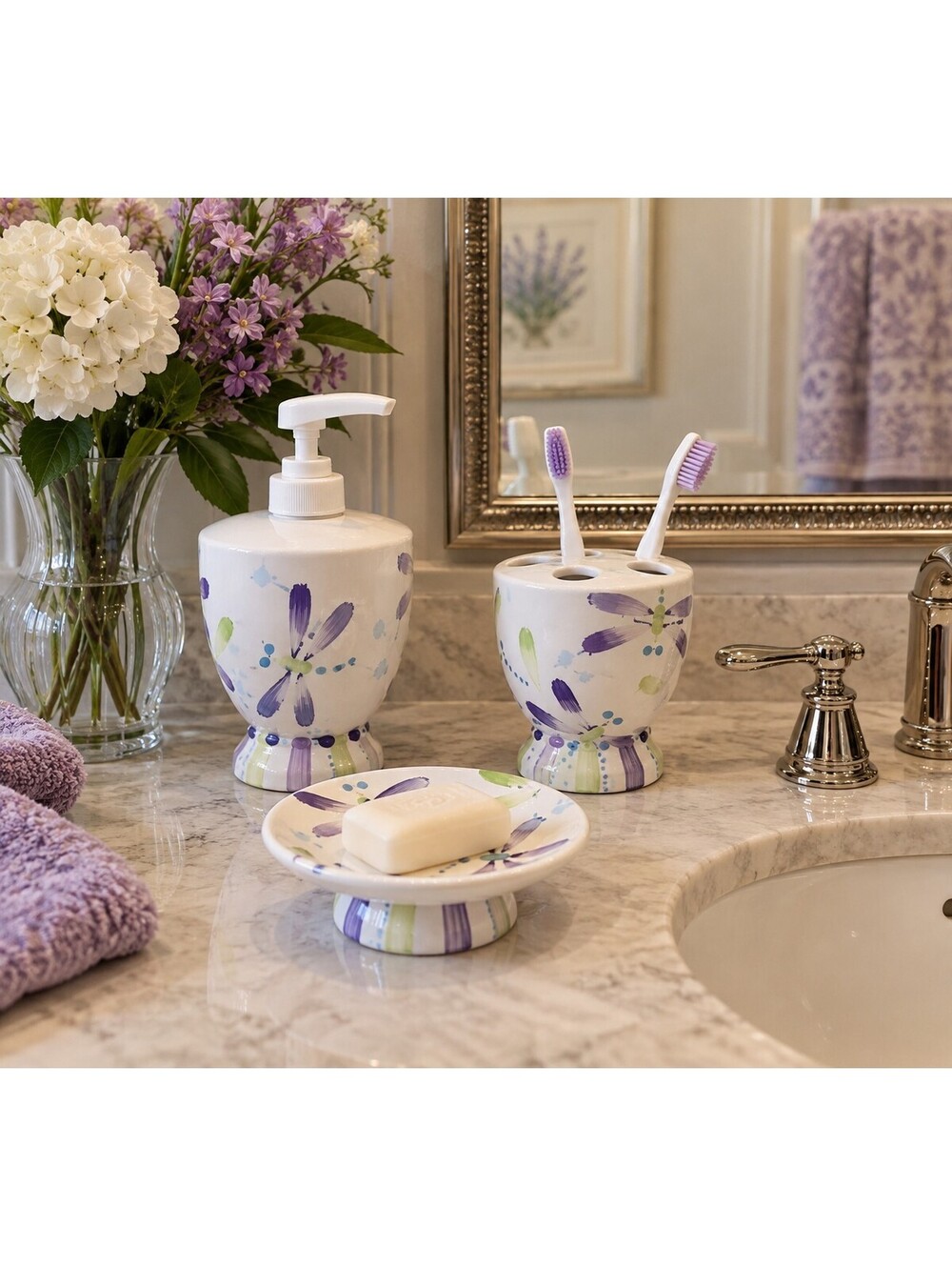 Hand Painted Dragonfly Ceramic Bathroom Set 3 Piece SKL/WW
